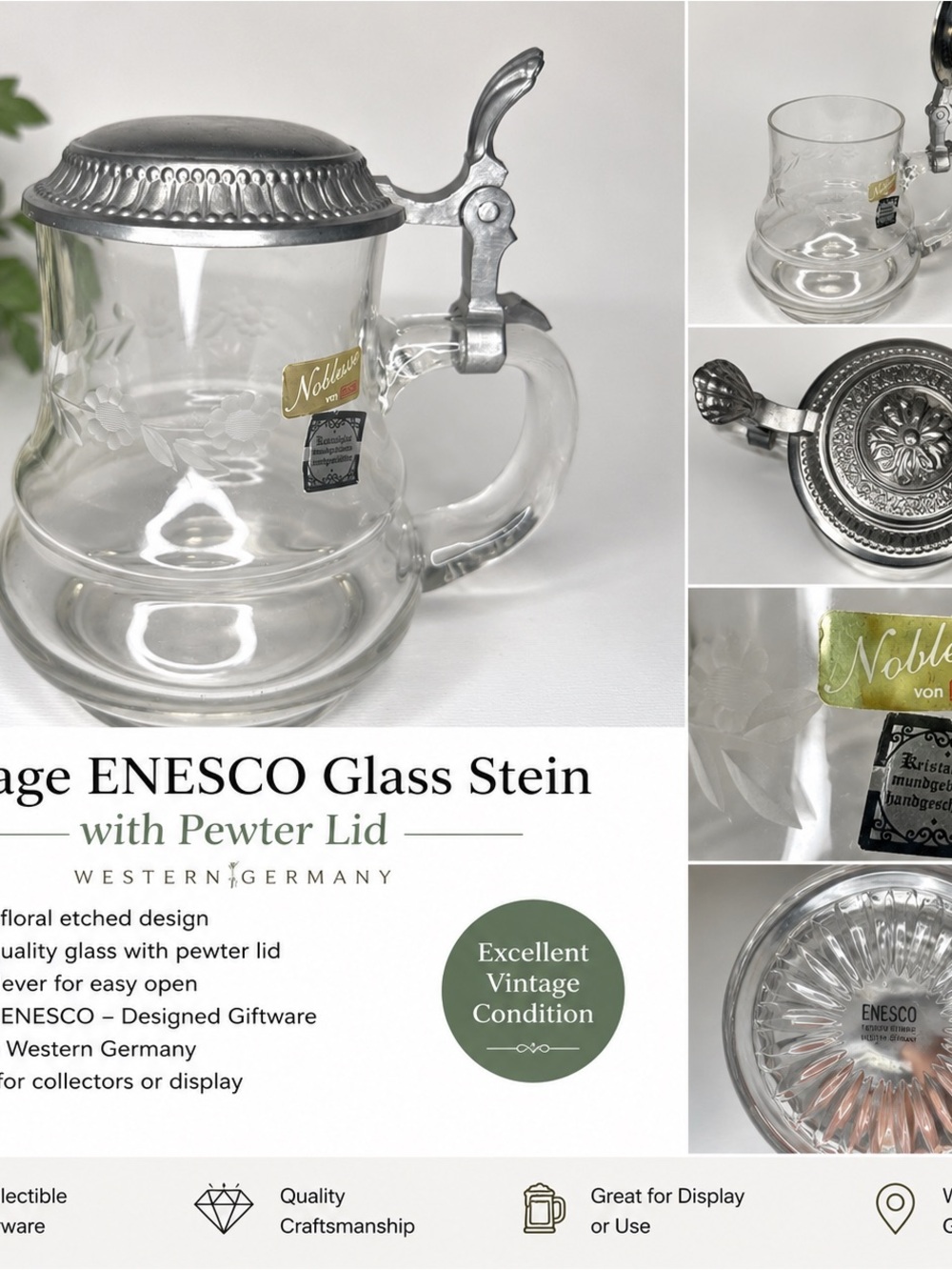 Enesco Clear Glass Stein with Pewter Lid and Floral Etching